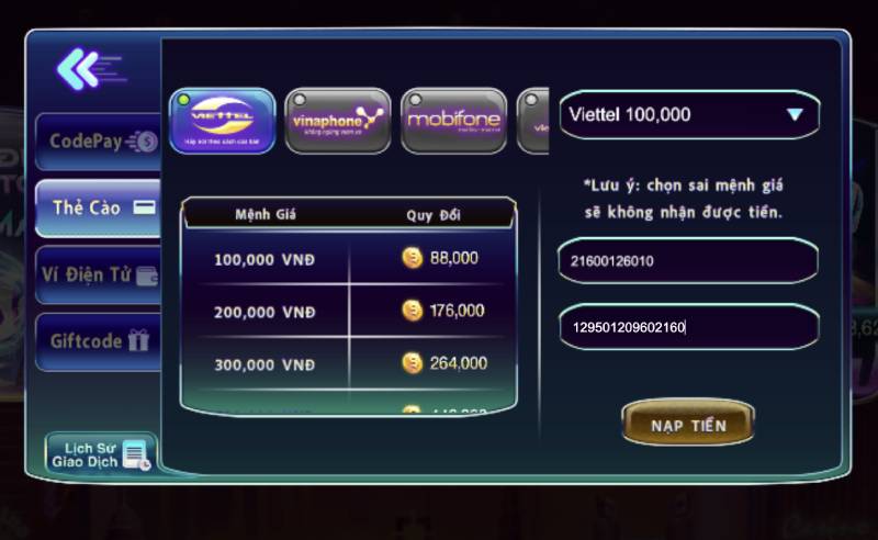 Nạp tiền 789club qua thẻ cào điện thoại.