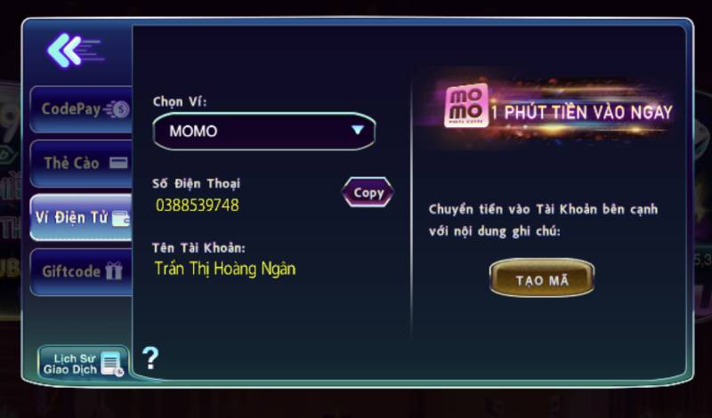 Nạp tiền qua ví điện tử (Momo, ZaloPay, ViettelPay, v.v.)